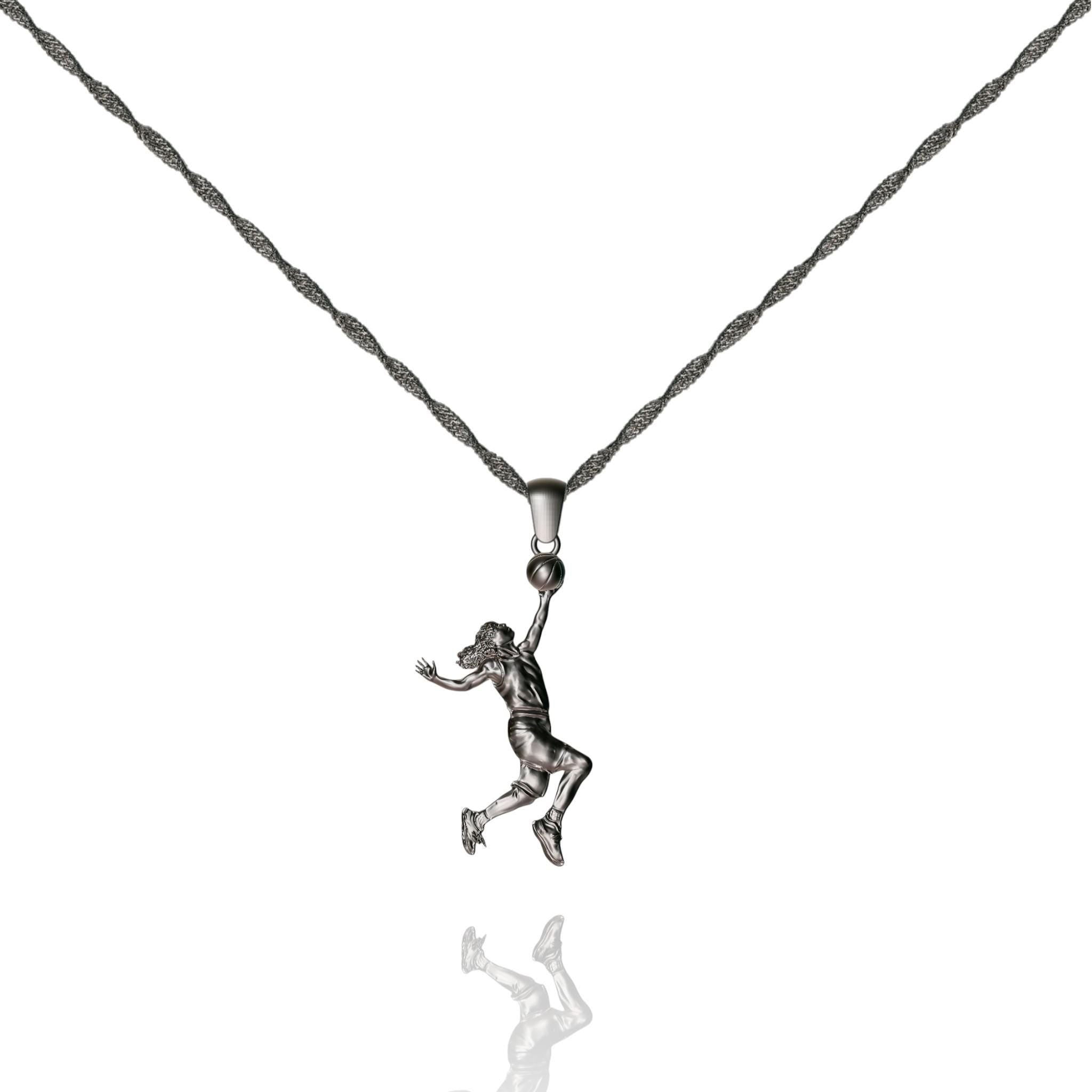 925 Silver Basketball Player Pendant. A unique women's sports jewelry gift available in five elegant styles.