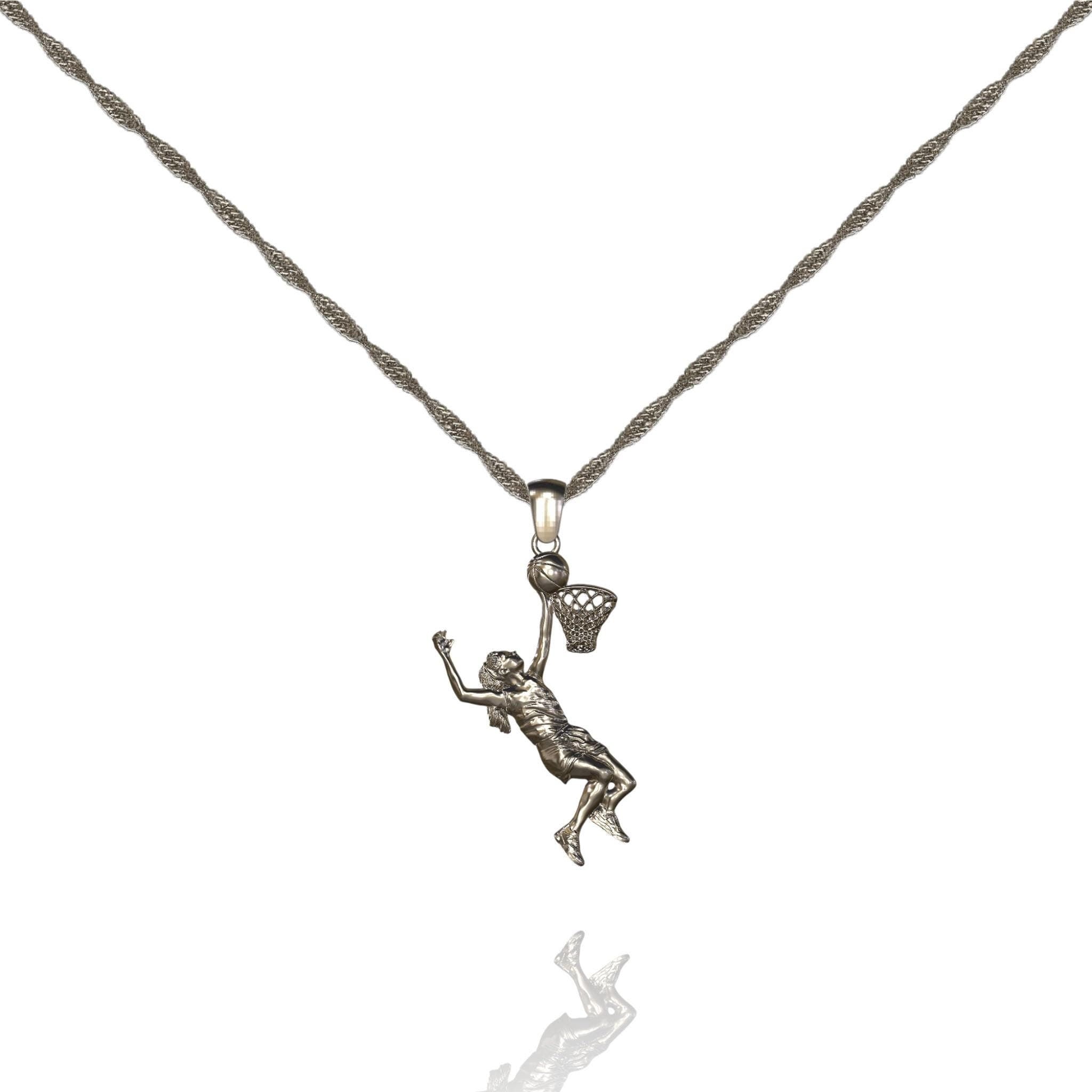 925 Silver Basketball Player Pendant. A unique women's sports jewelry gift available in five elegant styles.