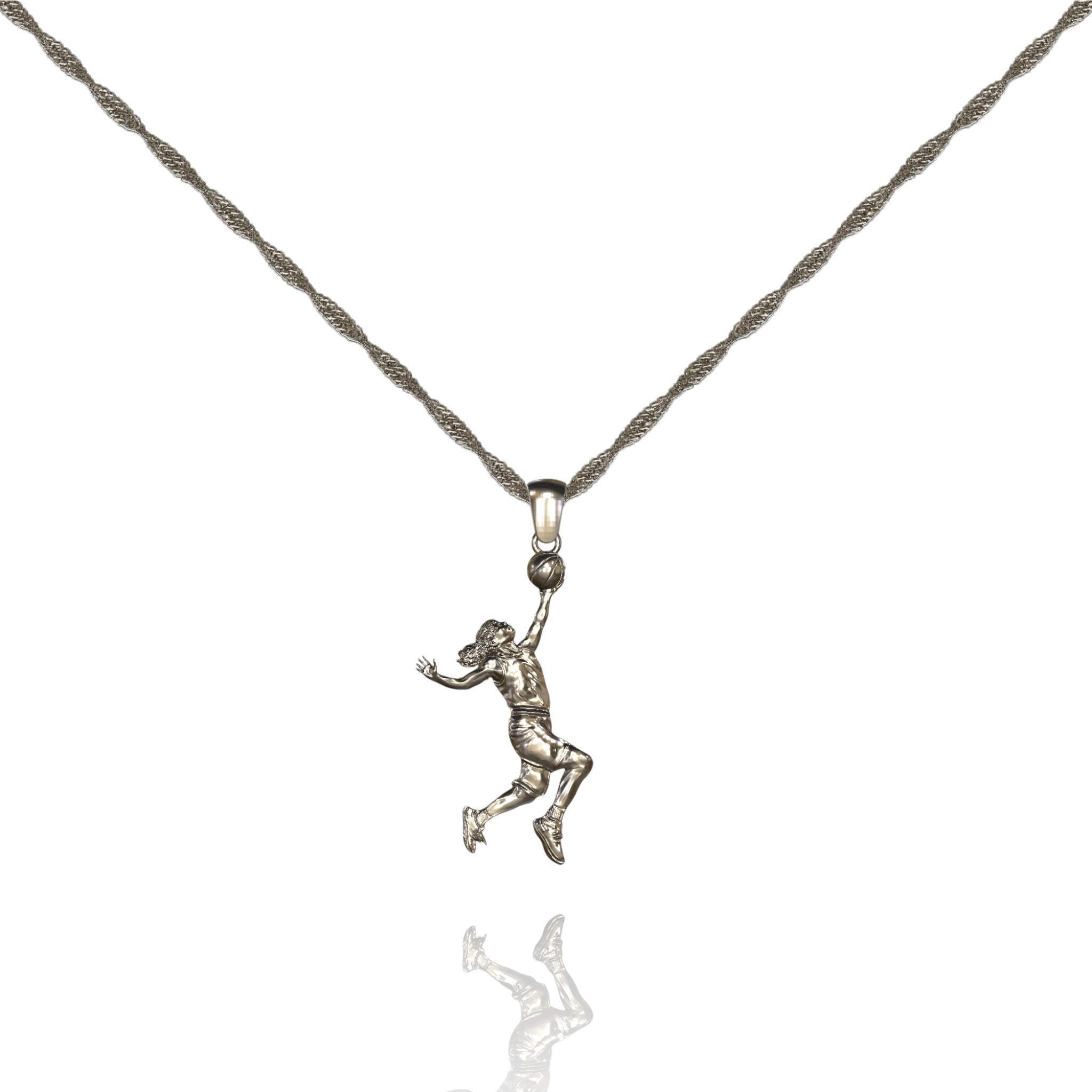925 Silver Basketball Player Pendant. A unique women's sports jewelry gift available in five elegant styles.