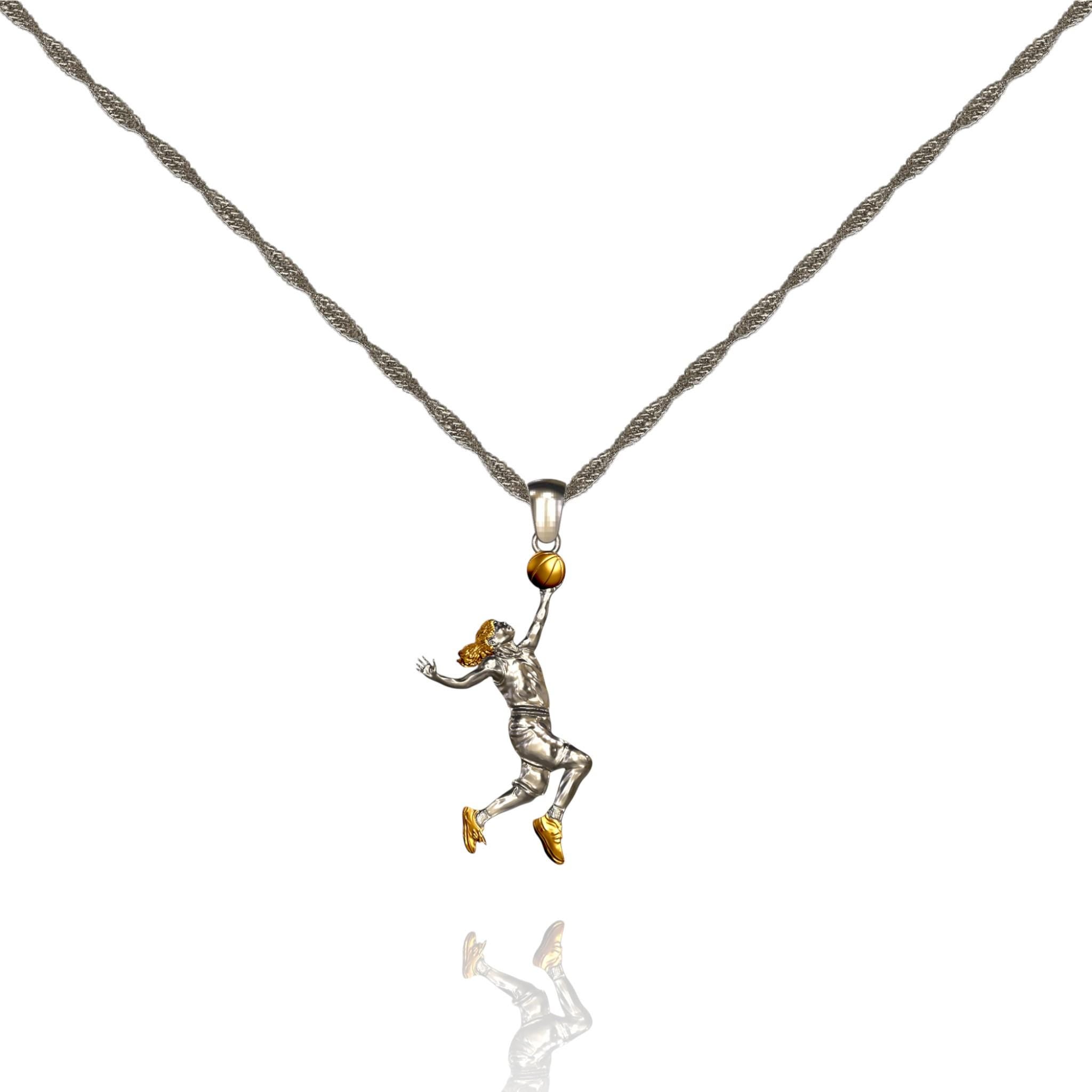 925 Silver Basketball Player Pendant. A unique women's sports jewelry gift available in five elegant styles.