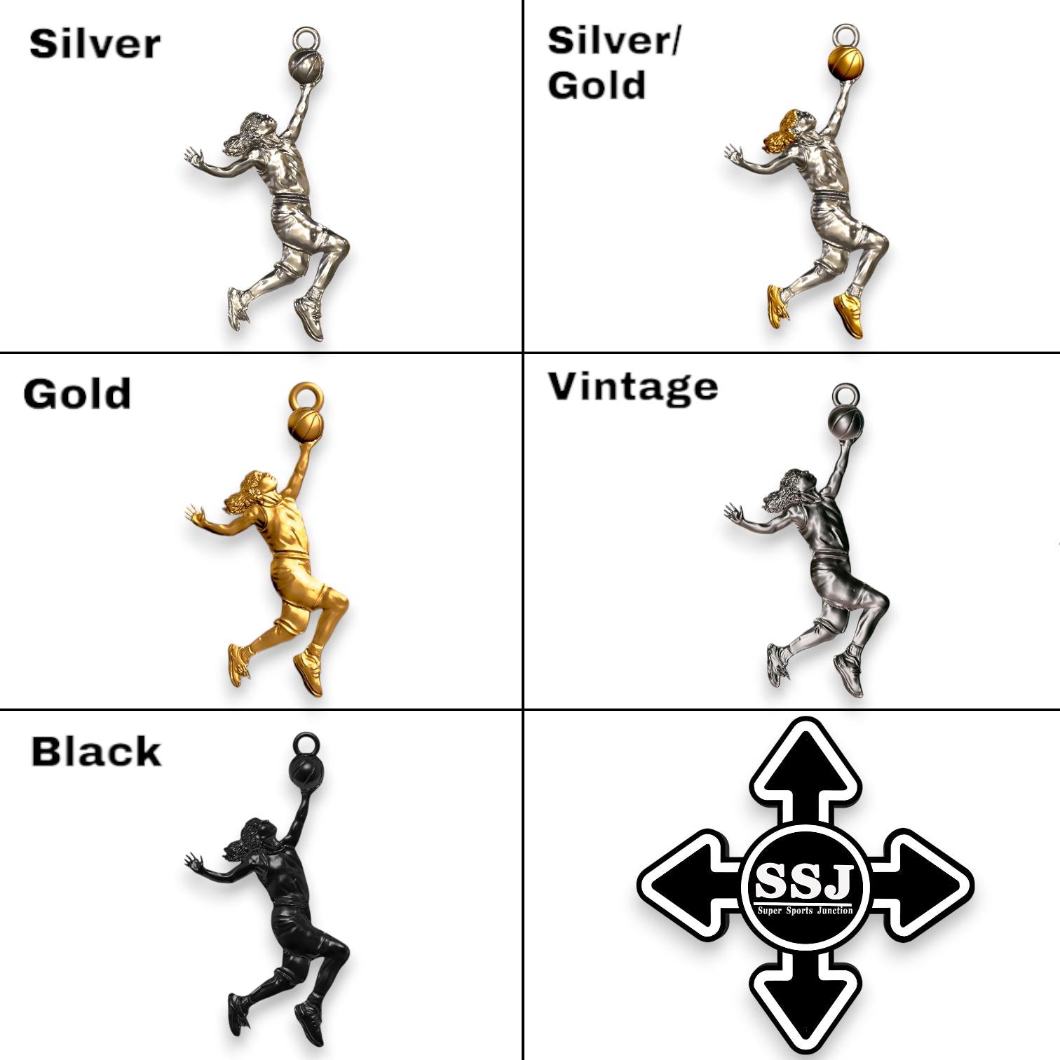 925 Silver Basketball Player Pendant. A unique women's sports jewelry gift available in five elegant styles.